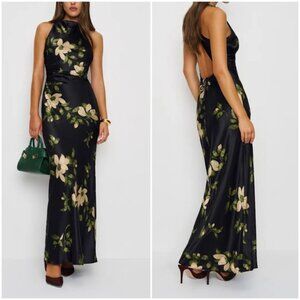 NEW Reformation Anaiis Silk Long Black Floral Backless Dress Mood for Love US 6